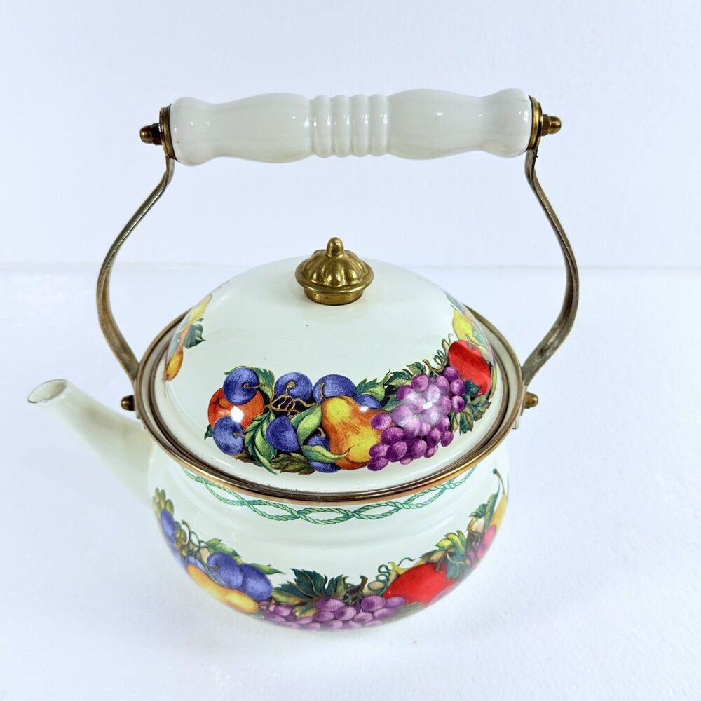 Vintage Cornucopia Enamelware Tea Kettle Pot Fruit Motif Ceramic Handle Taiwan